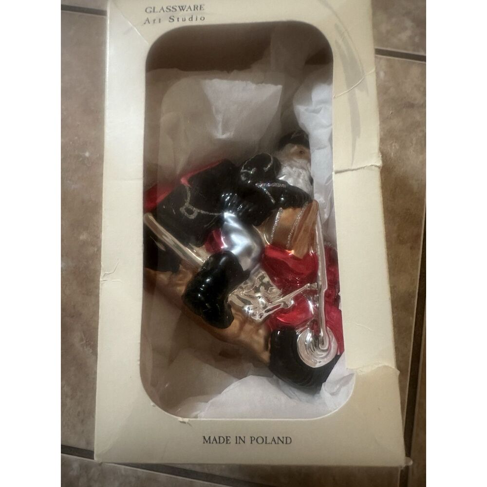 Glassware Art Studio Biker Santa on Motorcycle Handcrafted Christmas Ornament